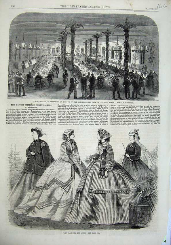 Old Antique Print Paris Fashion 1866 Dinner Barbadoes American Provinces 19th