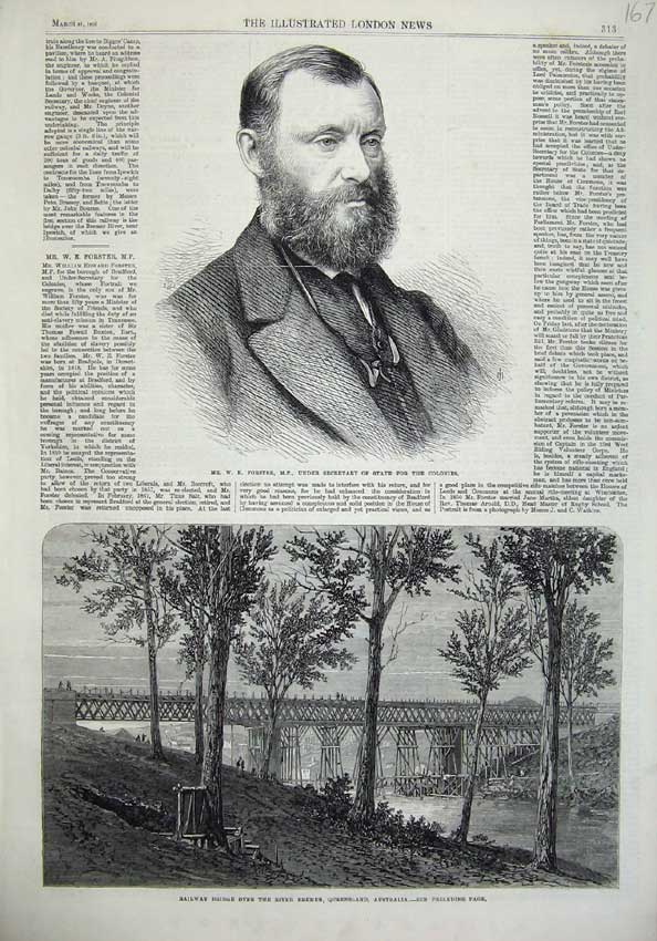 Old Antique Print Portrait Forster 1866 Railway Bridge Bremer Australia 19th