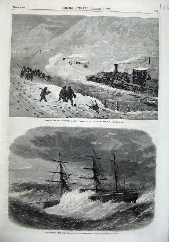 Old Antique Print Snow Storm Highland Railway 1866 Turkish Ship Mahmoud 19th