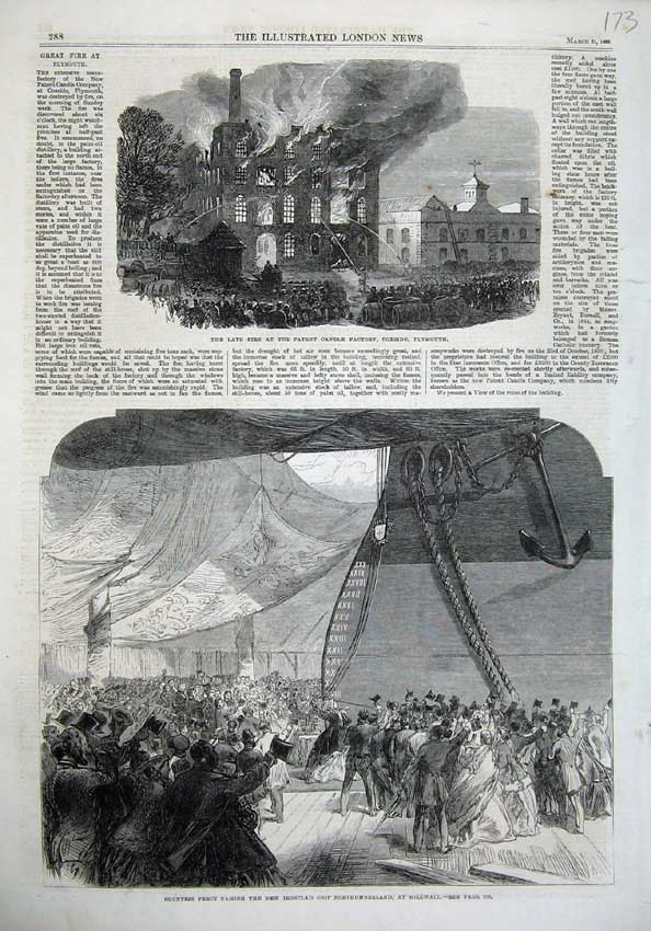 Old Antique Print Fire Candle Factory Plymouth 1866 Ship Northumberland 19th