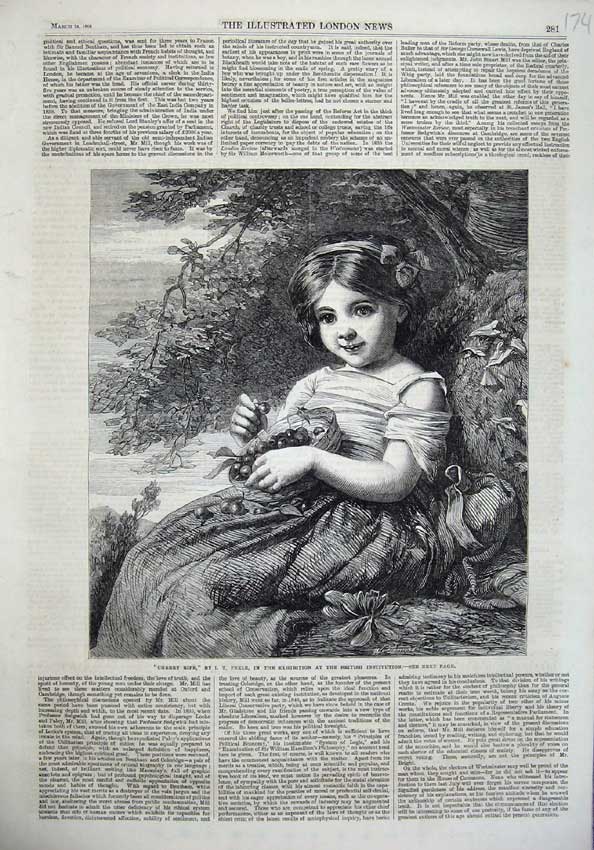Old Antique Print 1866 Young Girl Basket Cherries Country Tree Peele Art 19th