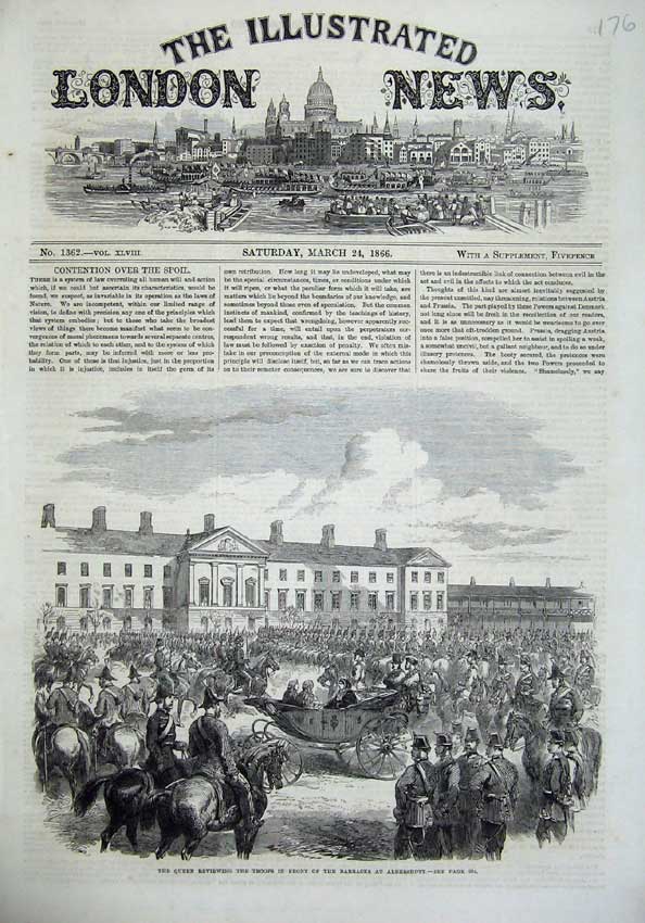 Old Antique Print 1866 Queen Troops Barracks Aldershot Army Horse Coach 19th