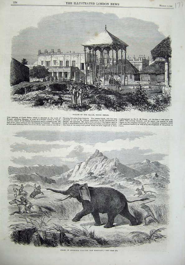 Old Antique Print Palace Rajah Cooch Behar 1866 Arabs Abyssinia Elephant 19th