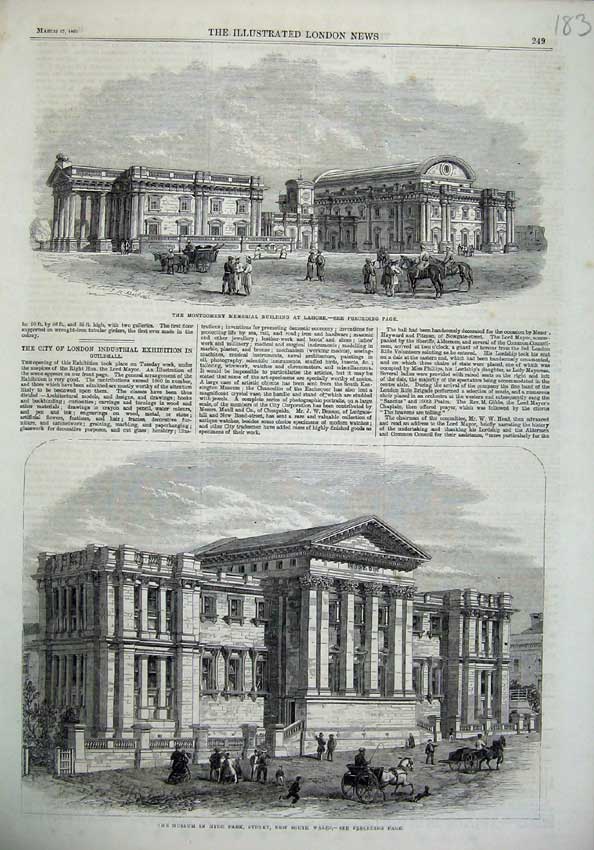 Original Old Antique Print Montgomery Memorial Building Lahore 1866 Museum Hyde