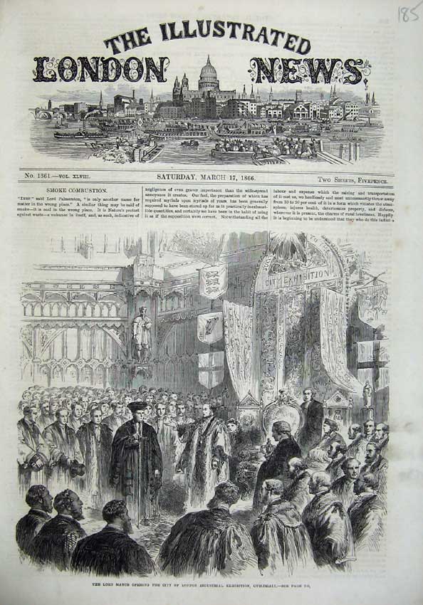 Original Old Antique Print 1866 Lord Mayor City London Exhibition Guildhall