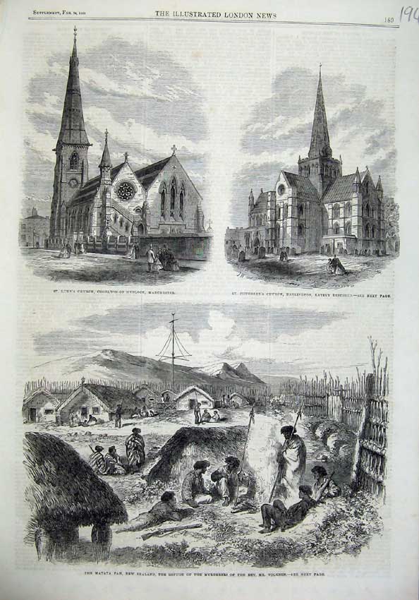 Old Antique Print Luke Church Manchester Darlington 1866 Matata Pah Art 19th