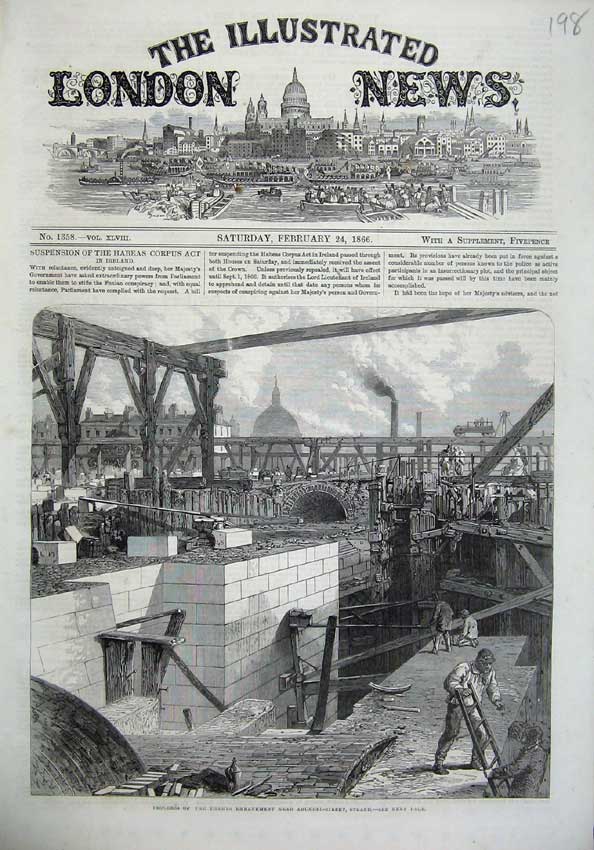 Original Old Antique Print 1866 Thames Embankment Works Ardunel-Street Strand