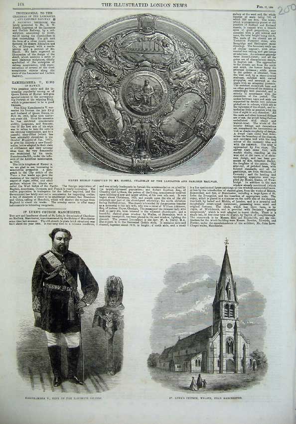 Old Antique Print Kamehameha Sandwich 1866 Luke Church Manchester Shield 19th