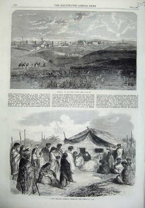 Original Old Antique Print 1866 Ismaila Suez Canal New Zealand Funeral Ceremony