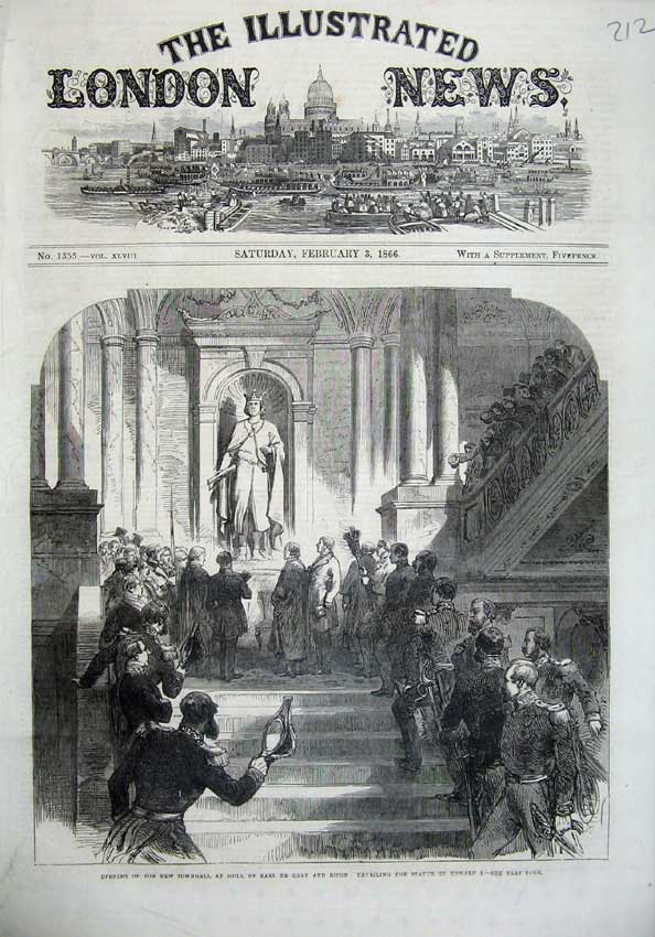 Old Antique Print 1866 Town Hall Hull Earl De Grey Ripon Statue Edward I 19th