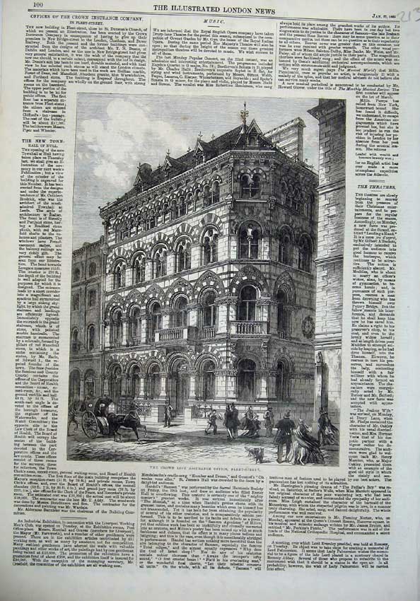 Original Old Antique Print 1866 Crown Life Assurance Office Fleet Street London
