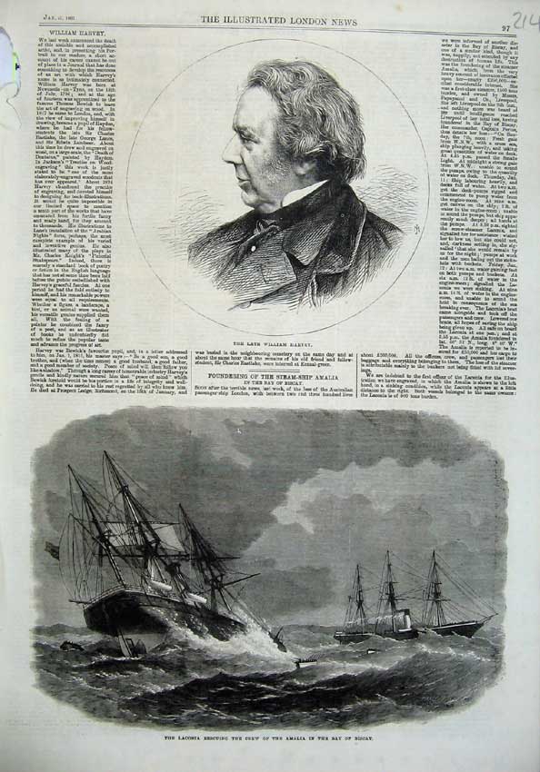Old Antique Print William Harvey 1866 Laconia Crew Amalia Bay Biscay Ship 19th
