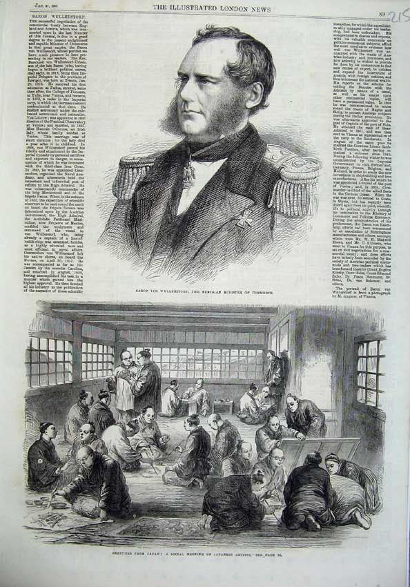 Old Antique Print 1866 Baron Wullerstorf Austrian Commerce Japan Artist 19th