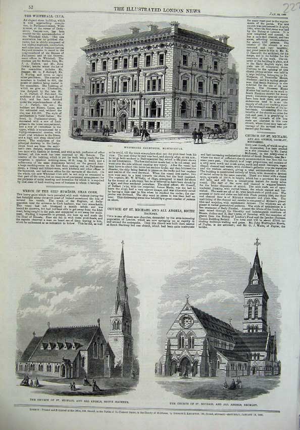 Original Old Antique Print Whitehall Clubhouse Westminster 1866 Church Bromley