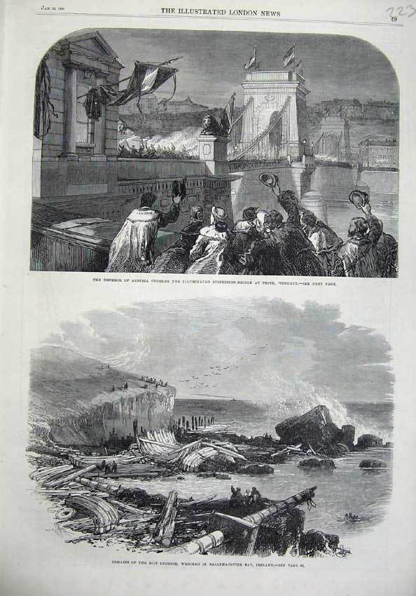 Old Antique Print Emperor Austria Suspension Bridge Hungary 1866 Ship Art 19th
