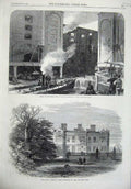 Old Antique Print 1866 Fire Katherine Docks Crewe Hall Cheshire Fire Art 19th
