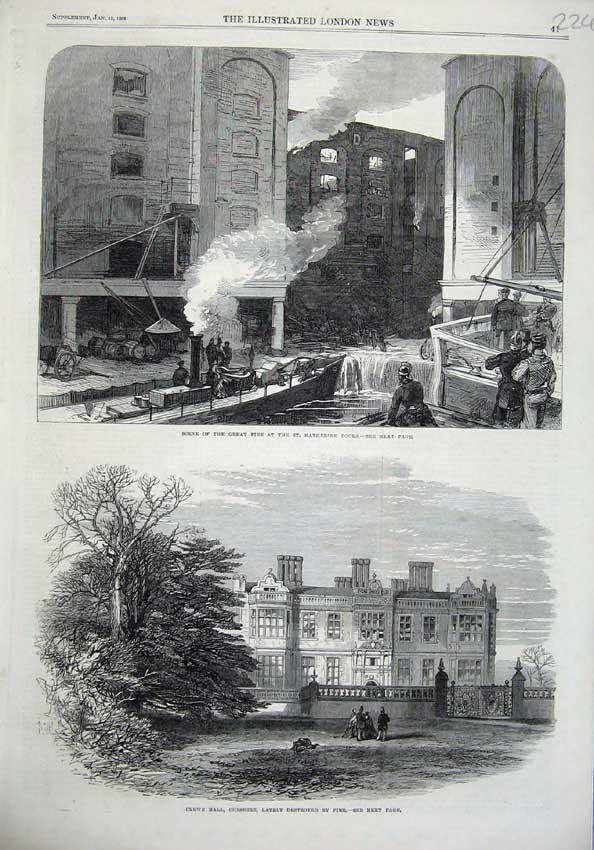 Old Antique Print 1866 Fire Katherine Docks Crewe Hall Cheshire Fire Art 19th