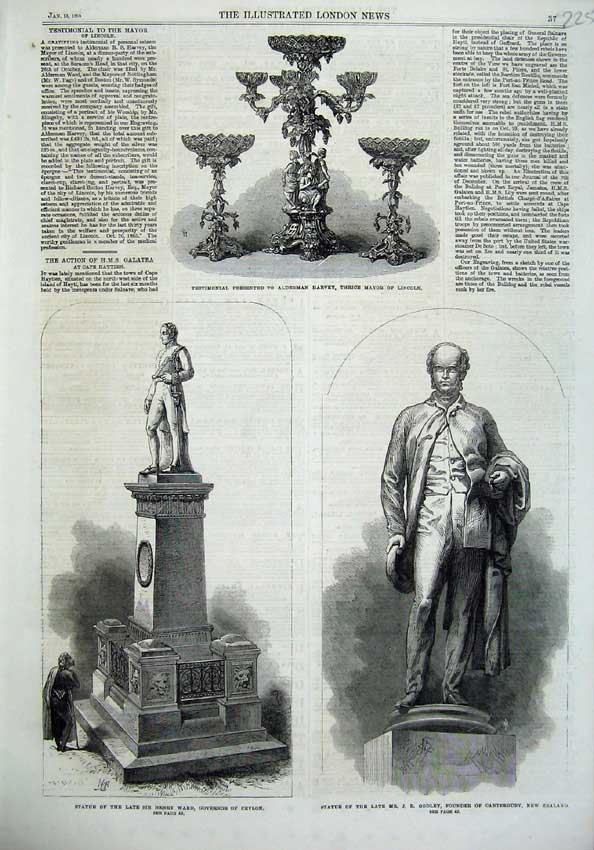 Old Antique Print Statue Henry Ward Godley New Zealand 1866 Mayor Lincoln 19th