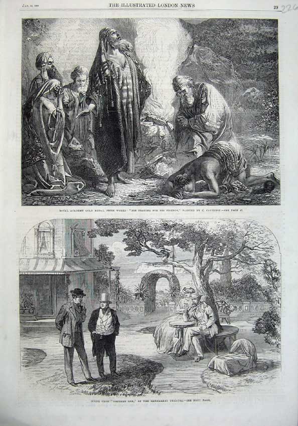 Old Antique Print 1866 Job Praying Calthrop Theatre Haymarket Theatre Art 19th