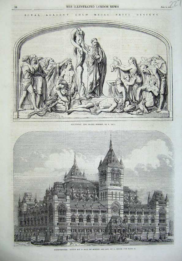 Old Antique Print Sculpture Brazen Serpent 1866 Architecture Hall Science 19th