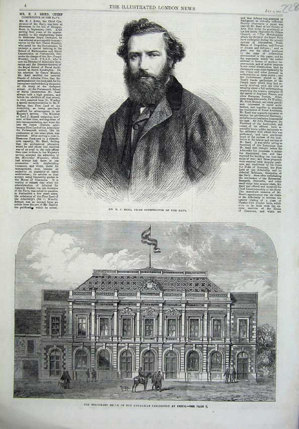 Original Old Antique Print Reed Chief Navy 1866 House Hungary Parliament War