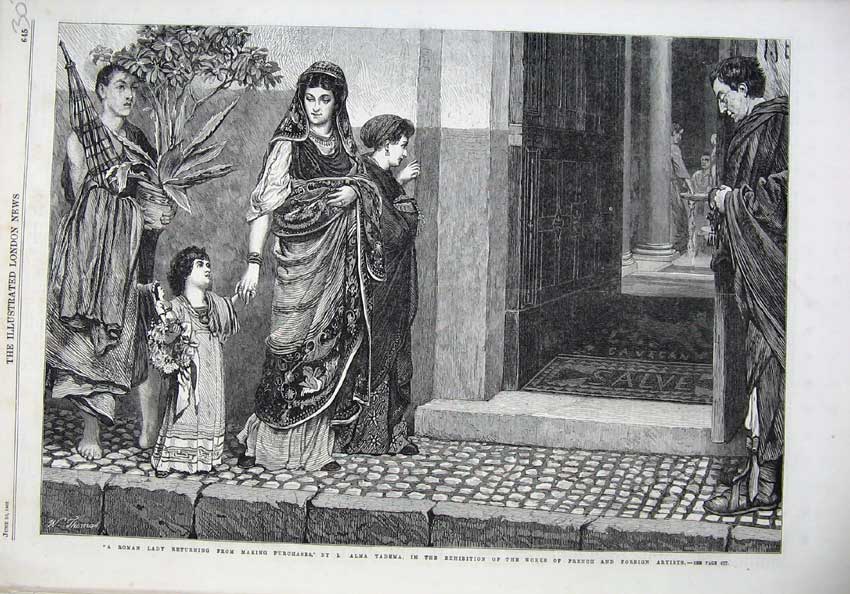 Old Antique Print 1866 Fine Art Roman Lady Returning Home Shopping Tadema 19th