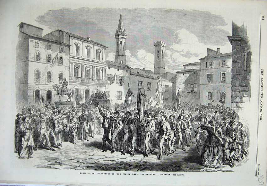 Original Old Antique Print 1866 Garibaldi Volunteers Piazza Dell Florence Italy