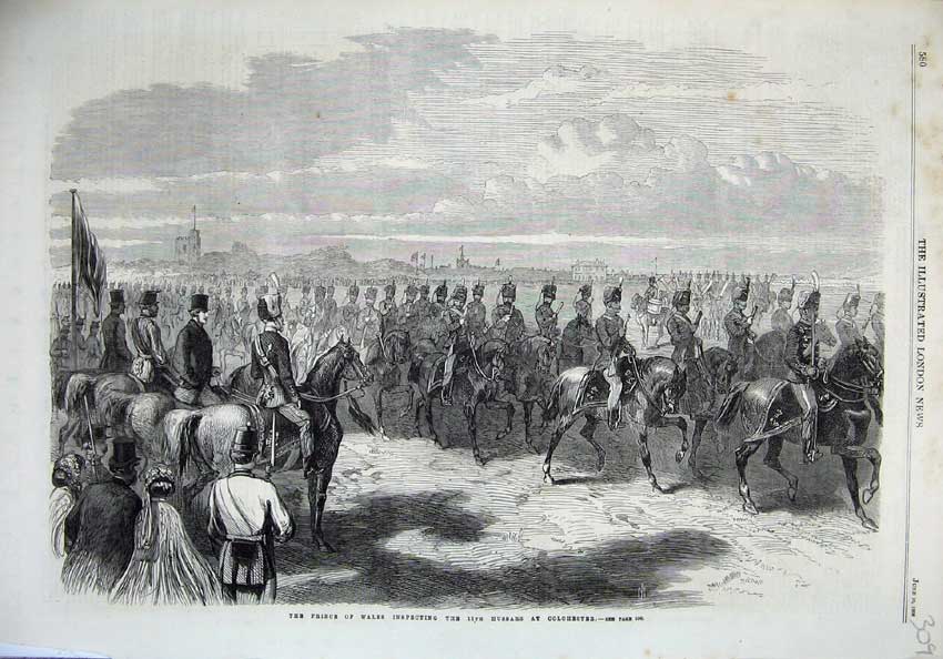 Old Antique Print 1866 Prince Wales Inspecting Hussars Golchester War Art 19th