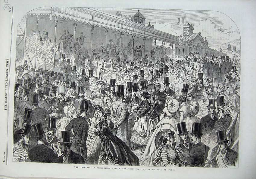 Original Old Antique Print 1866 Tribunes Longchamps Horse Race Grand Prix Sport