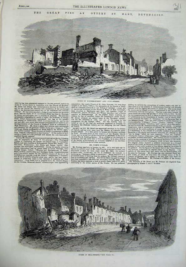 Original Old Antique Print Devonshire Fire 1866 Ruins Mill Street Yonder Ottery