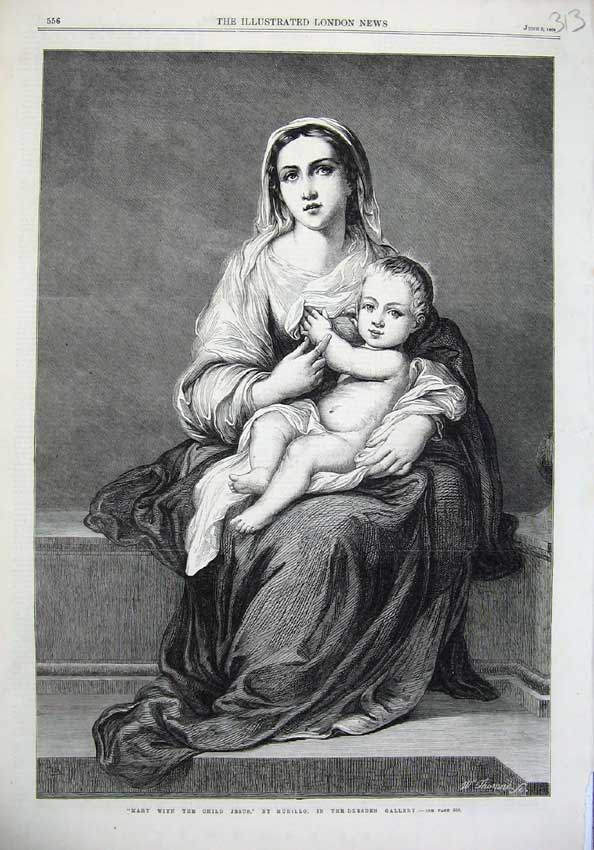 Old Antique Print 1866 Fine Art Mary Jesus Baby Murillo Dresden Gallery 19th