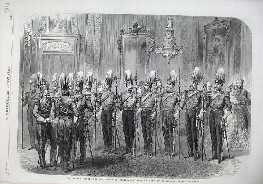 Old Antique Print Queen Court 1866 Corps Gentlemen Arms Buckingham Palace 19th