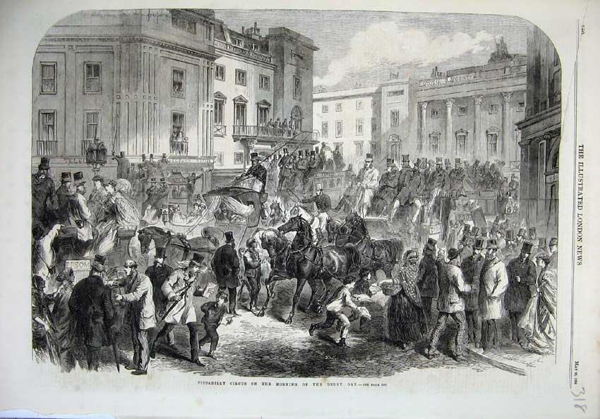 Original Old Antique Print 1866 Piccadilly Circus Derby Day Horse Racing Sport