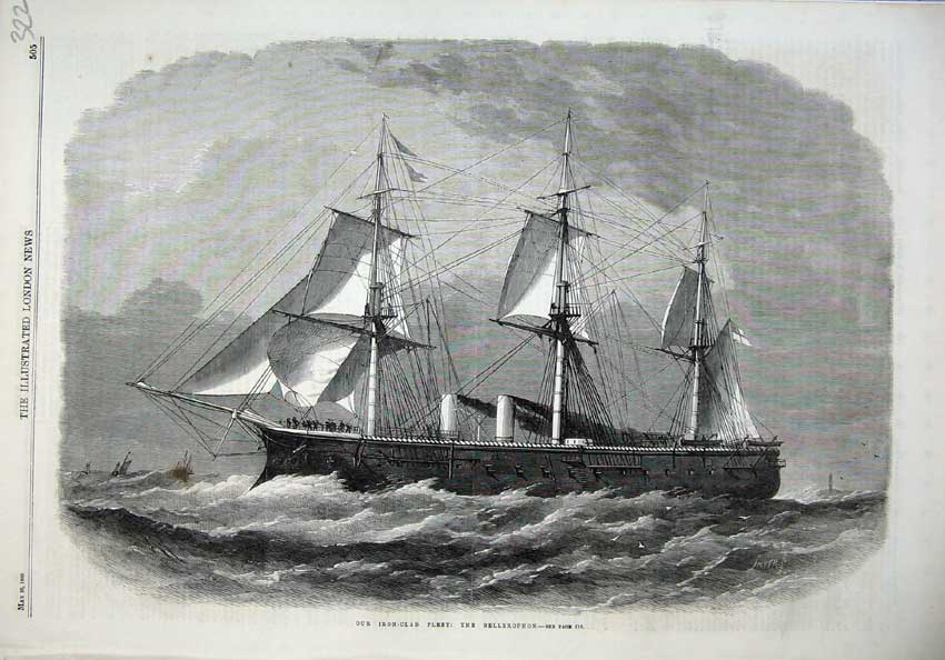 Original Old Antique Print 1866 Iron Clad Ship Bellerophon Sailing Sea Fine Art