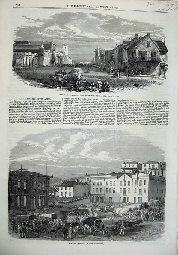 Old Antique Print 1866 Africa Port Elizabeth Algoa Bay Market Street Art 19th