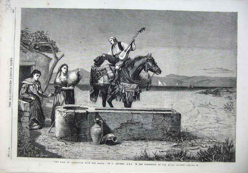 Old Antique Print Fine Art 1866 Man Horse Music Road Gibraltar San Roque 19th