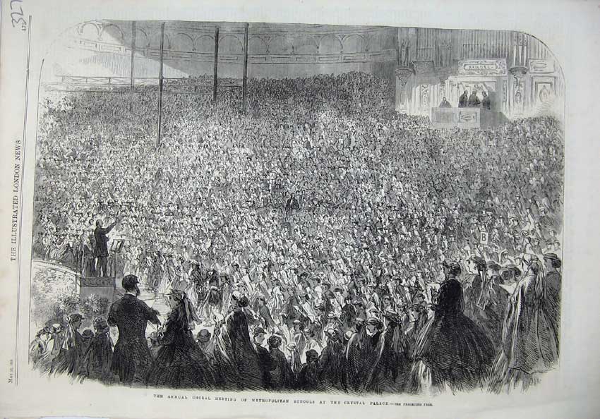 Old Antique Print 1866 Annuala Choral Metropolitan Schools Crystal Palace 19th