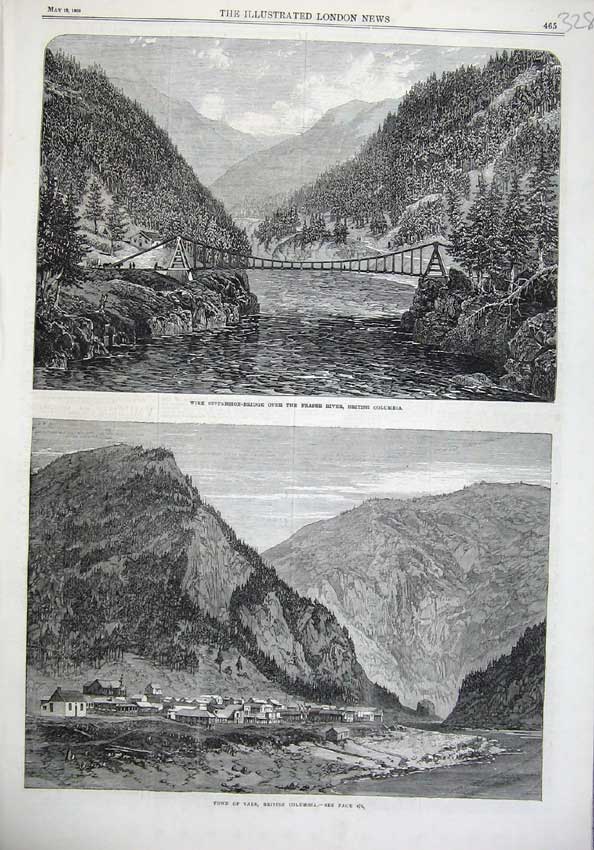 Old Antique Print Suspension Bridge Fraser River Columbia 1866 Yale Art 19th