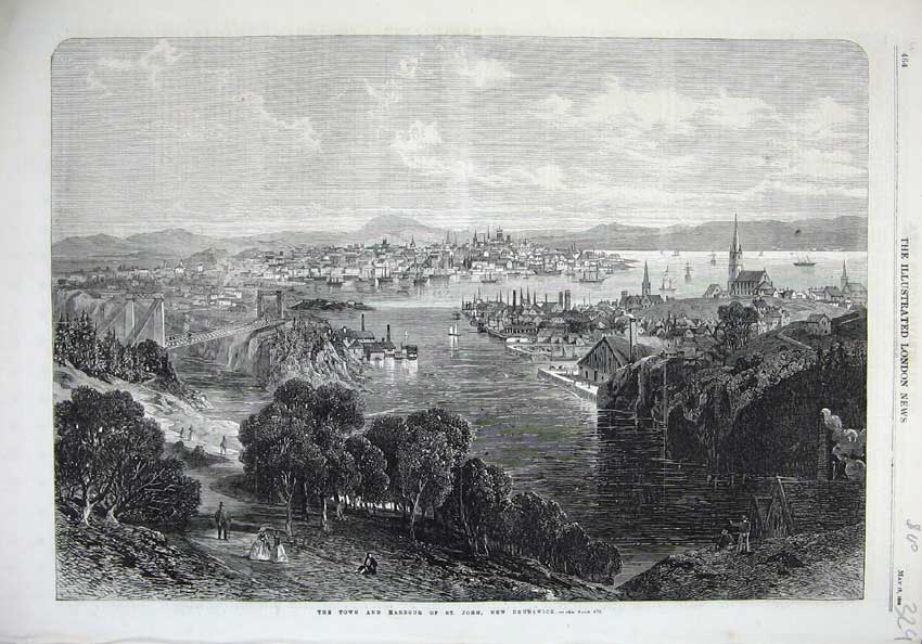 Original Old Antique Print 1866 Fine Art Town Harbour John New Brunswick Bridge