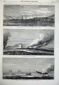 Original Old Antique Print 1866 Shugra Anchorage Ships Troops Burning Dhow War