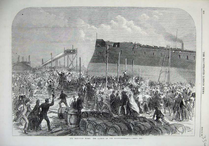 Original Old Antique Print 1866 Iron Clad Fleet Ship Northumberland Launch 19th
