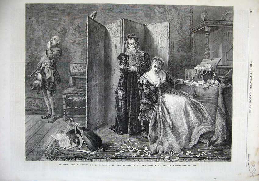 Old Antique Print 1866 Romance Fine Art Man Woman Passion Patience Barnes 19th