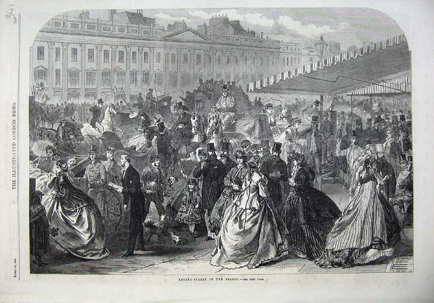 Old Antique Print 1866 Fine Art Regent Street London People Horse Coach 19th