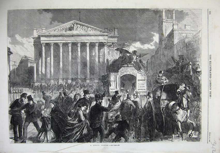 Old Antique Print 1866 Fine Art Spring Shower Weather People Horse Coach 19th