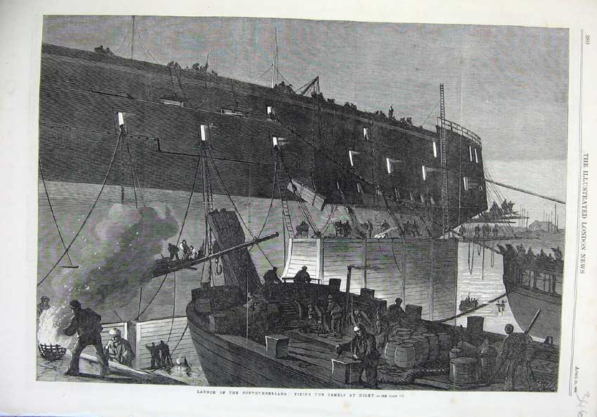 Old Antique Print Fine Art 1866 Launch Ship Northumberland Camels Night 19th