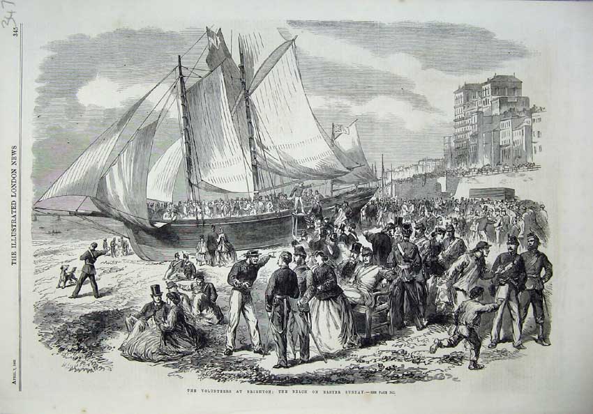 Old Antique Print 1866 Volunteers Brighton Beach Sailing Ship People Army 19th
