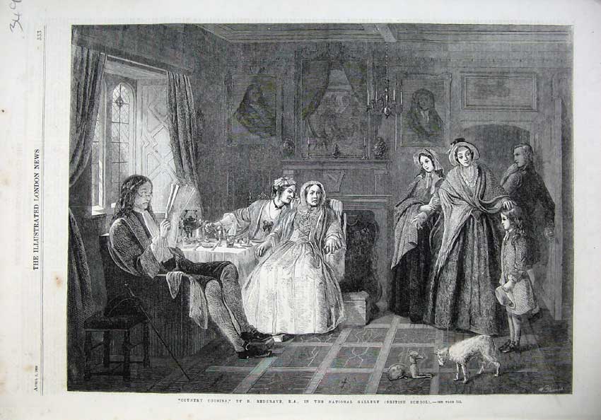 Old Antique Print 1866 Fine Art Country Cousins Women Ladies Dog Redgrave 19th