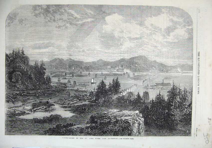 Old Antique Print 1866 Fine Art Timber-Booms John River Brunswick Trees 19th