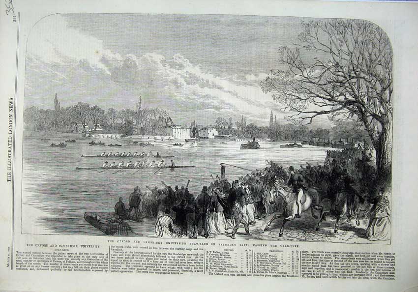 Original Old Antique Print Oxford Cambridge University Boat Race 1866 Crab-Tree