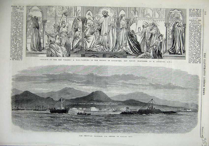 Original Old Antique Print Wall Church Lyndhurst Hampshire 1866 Loa Ashore Ship